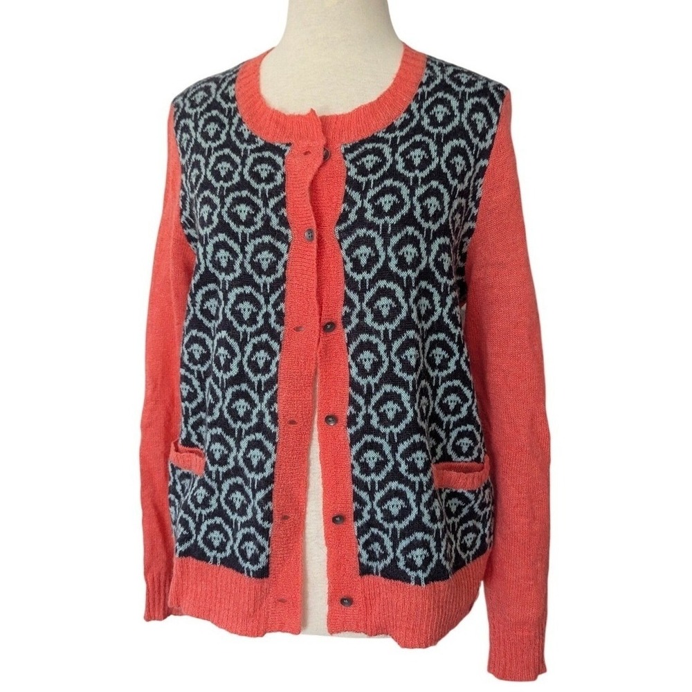 Woolrich Cardigan Women M Orange Blue Sheep‎ Wool Mohair Blend Button Front Cozy